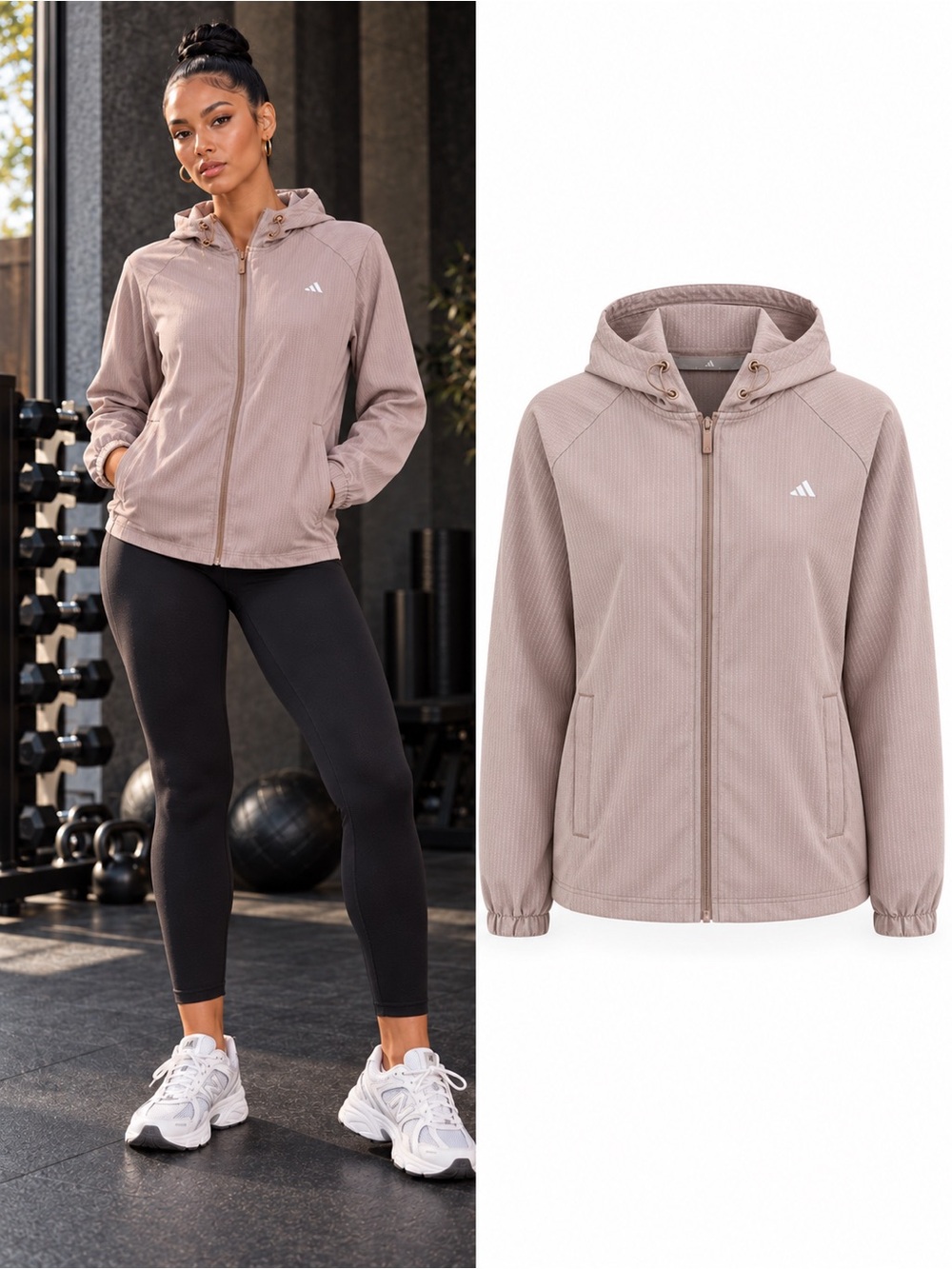 Adidas Women's Taupe Full Zip Hooded Jacket M Lightweight Running Athletic